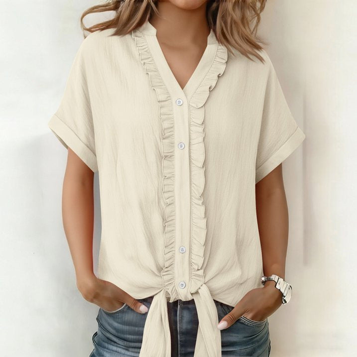 Women's Cotton Buttoned V-Neck Blouse Fluid Cut Summer