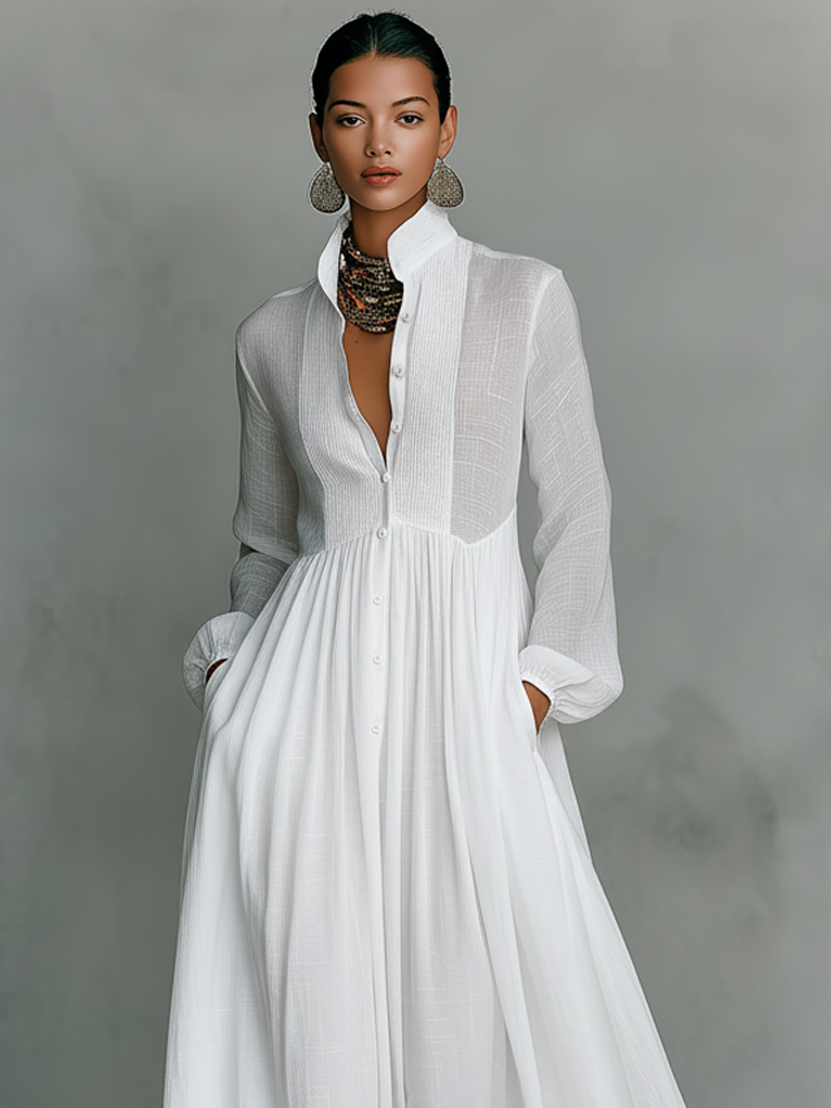 Kinsley - Minimalist Cotton And Linen Patchwork Single-breasted Stand-up Collar Long-sleeved Maxi Dress