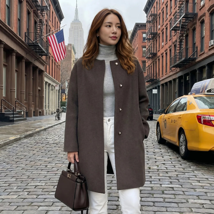 Women’s Winter Coat Collarless Midi Length with Buttons, view 5 - Elena Harper