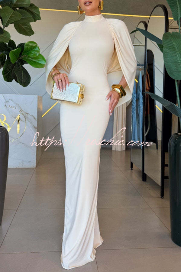 Mermaid High Neck Cape Sleeve Drape Open Back Evening Gown Maxi Dress