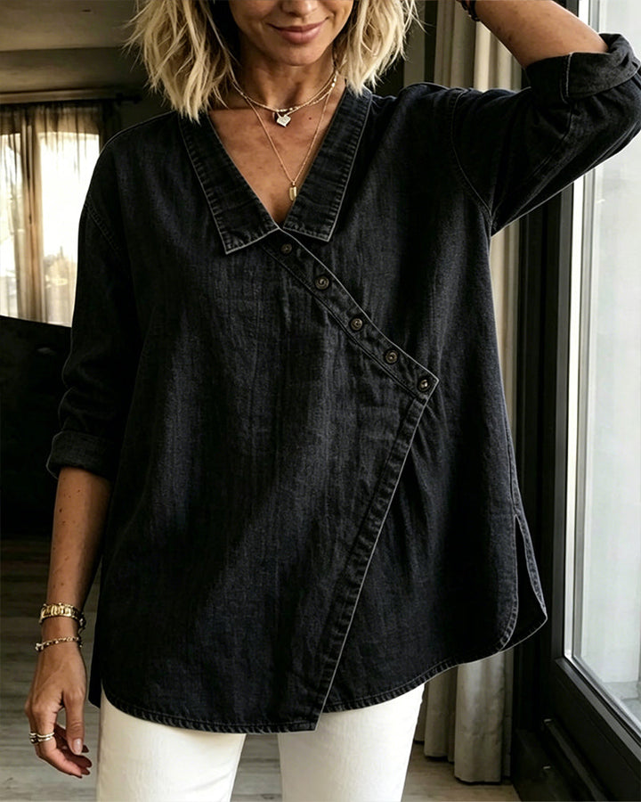 Loose Women's Blouse with Diagonal Buttons in Denim Style