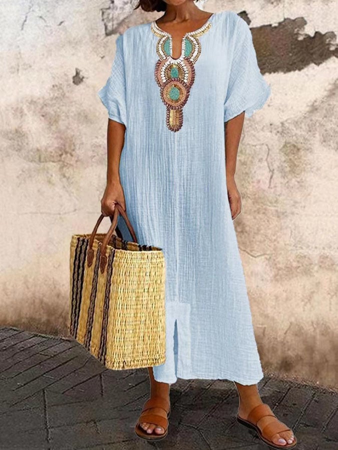 Anni | Bohemian kaftan dress with embroidery and short sleeves, loose design