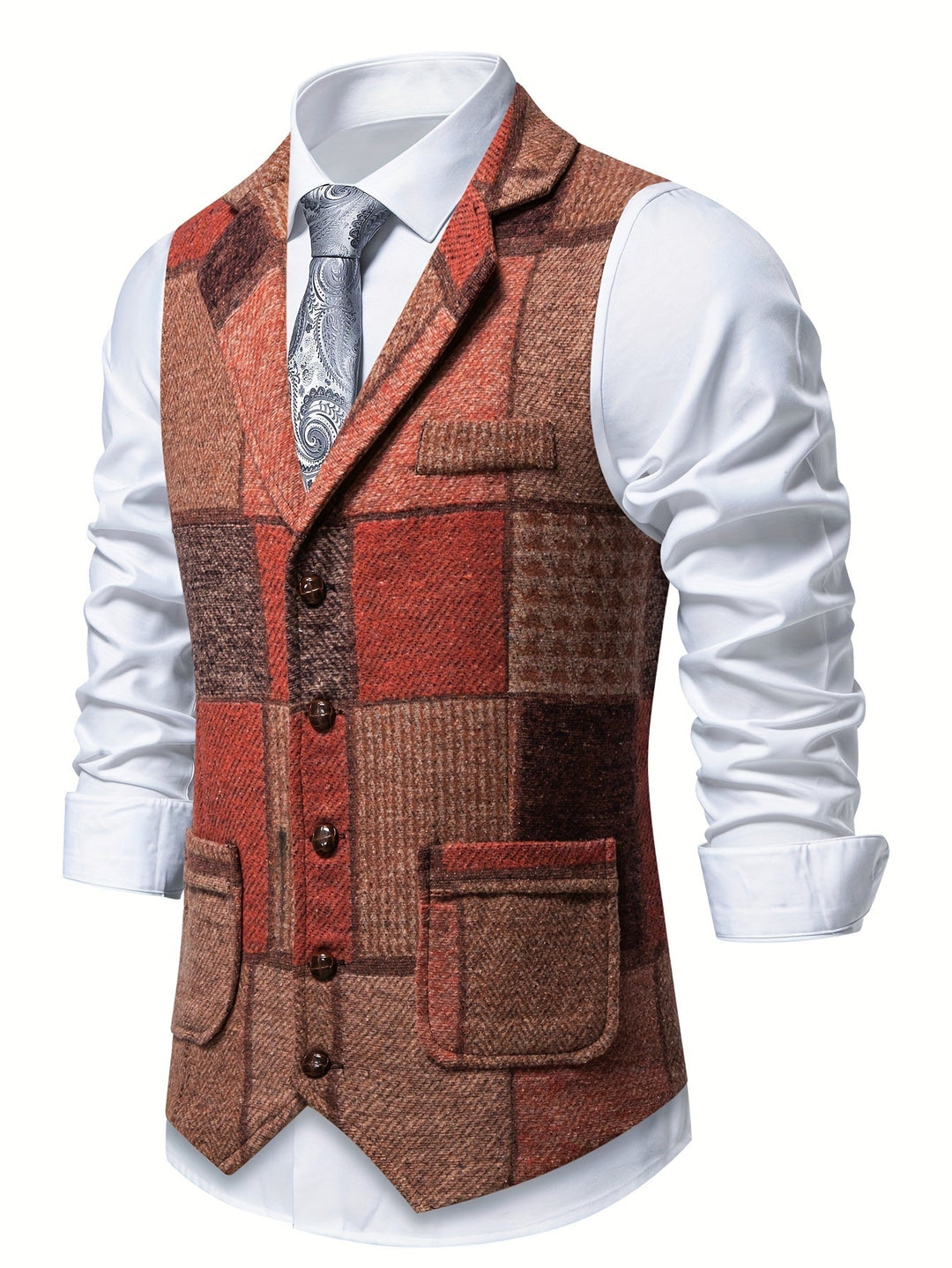 Leo Patchwork Tweed Waistcoat with Herringbone Pattern - Elena Harper