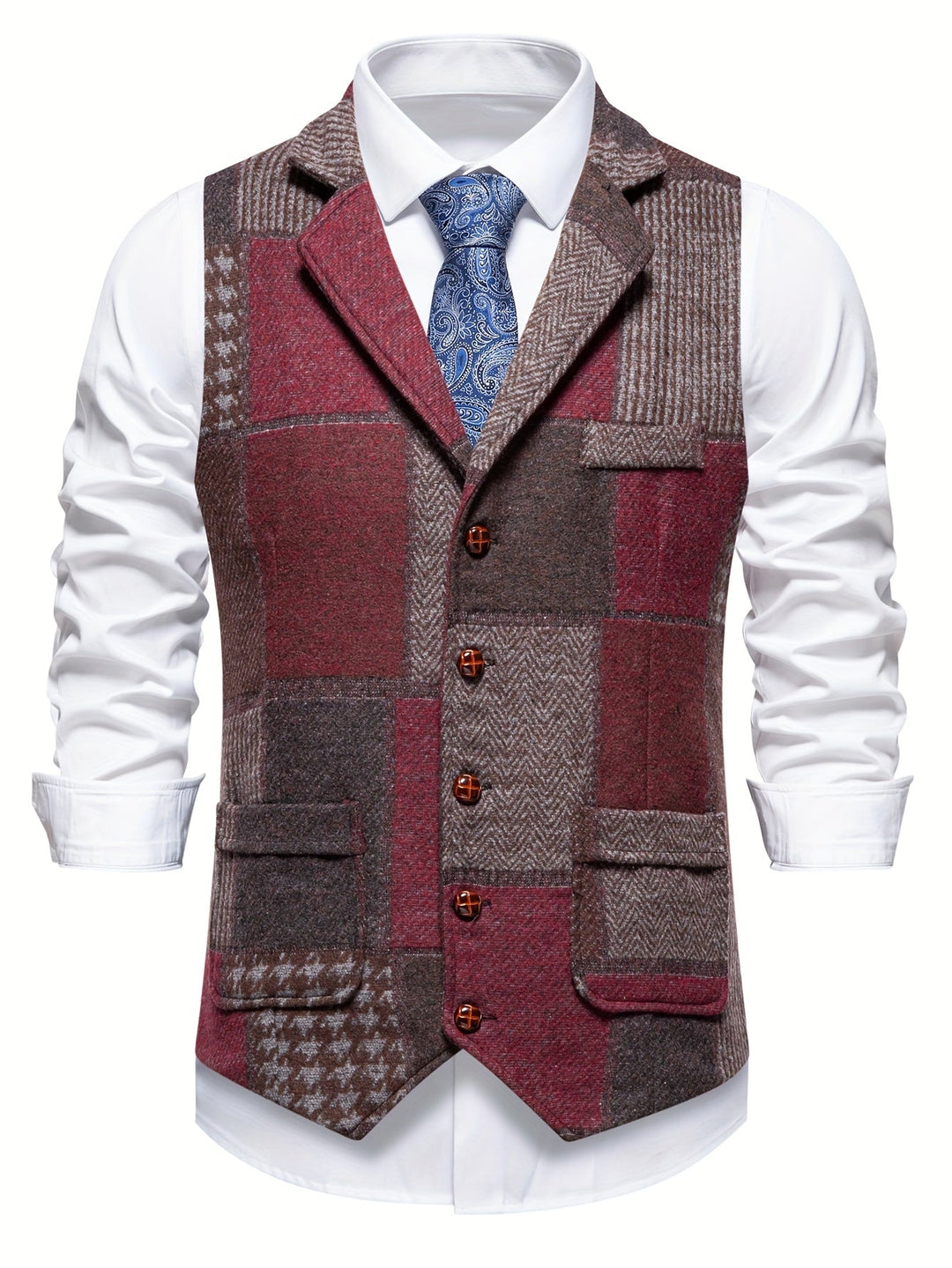 Leo Patchwork Tweed Waistcoat with Herringbone Pattern - Elena Harper