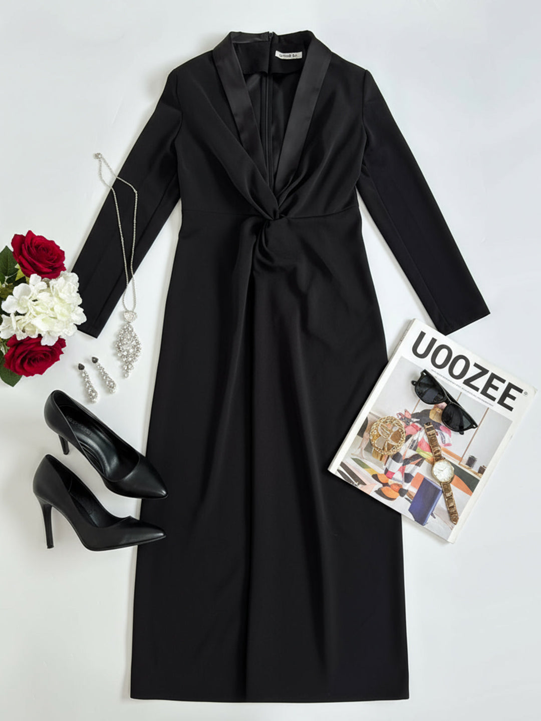 Kara - Long Sleeve Skinny Solid Color Deep V-Neck Maxi Dress