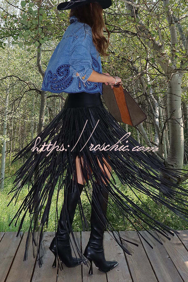 Evie Faux Leather High Rise Three-layer Tassels Stretch Maxi Skirt