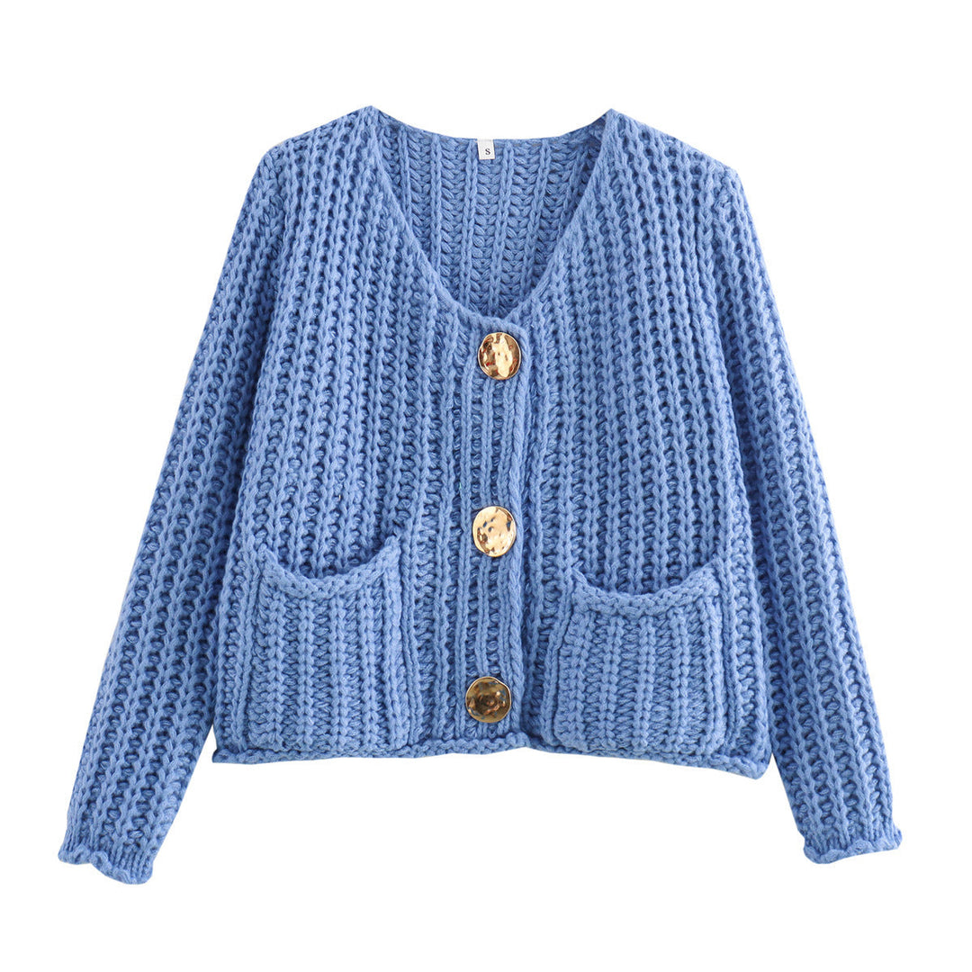 Women's Cardigan with Button Placket and Pockets, Classic with Knit Cuffs, view 2 - Elena Harper