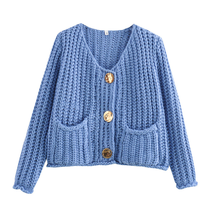 Women's Cardigan with Button Placket and Pockets, Classic with Knit Cuffs, view 2 - Elena Harper