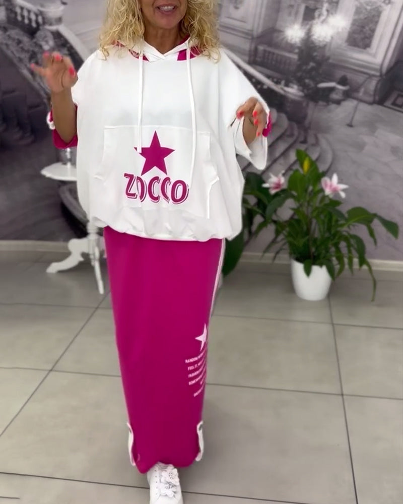 Hasela Hoodie Set with Drawstring Printed Skirt - Elena Harper