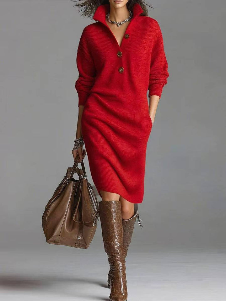 Women's Long Sleeve Knit Dress – High V-Neck with Buttons