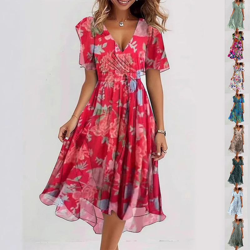 Women's Midi Floral Wrap Dress – A-Line Style with Short Sleeves