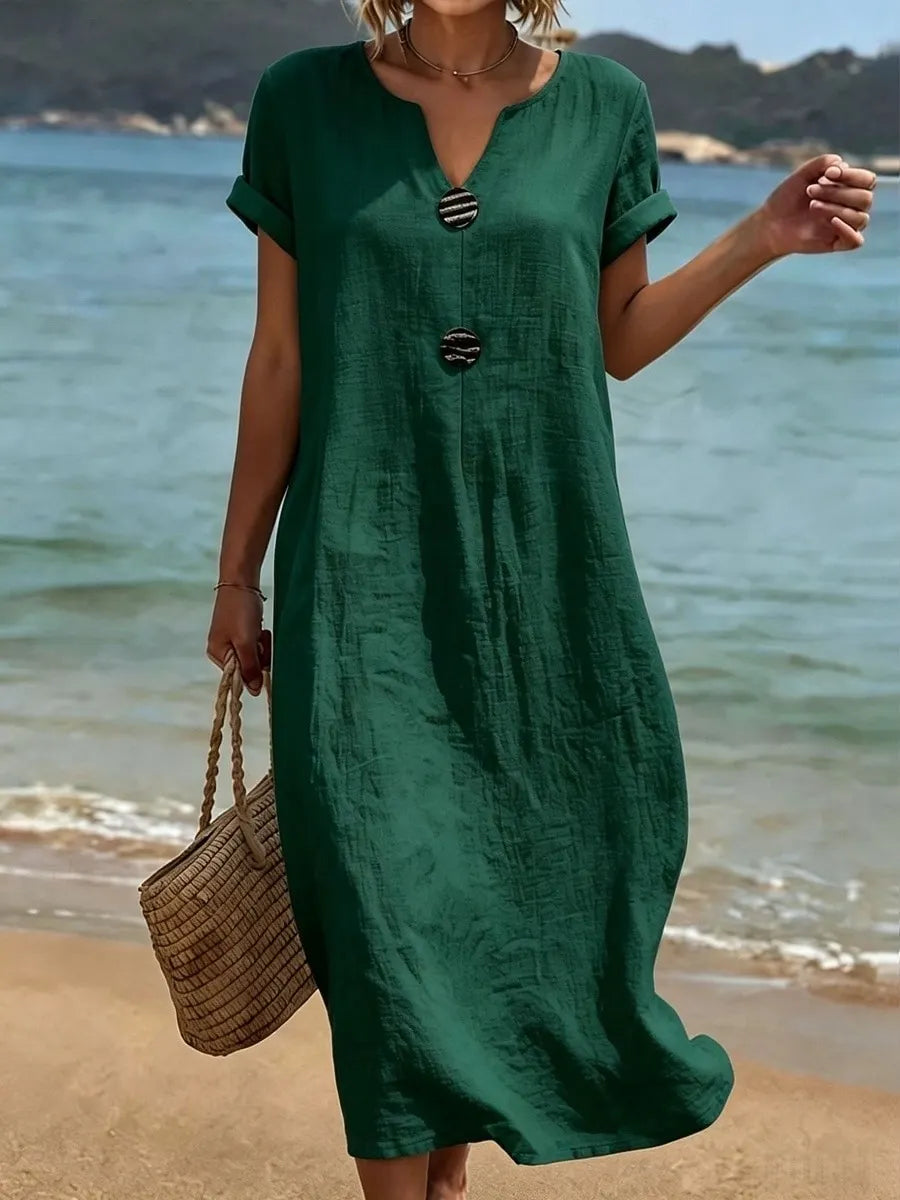 Long Women's Dress with Split Neckline and Decorative Buttons