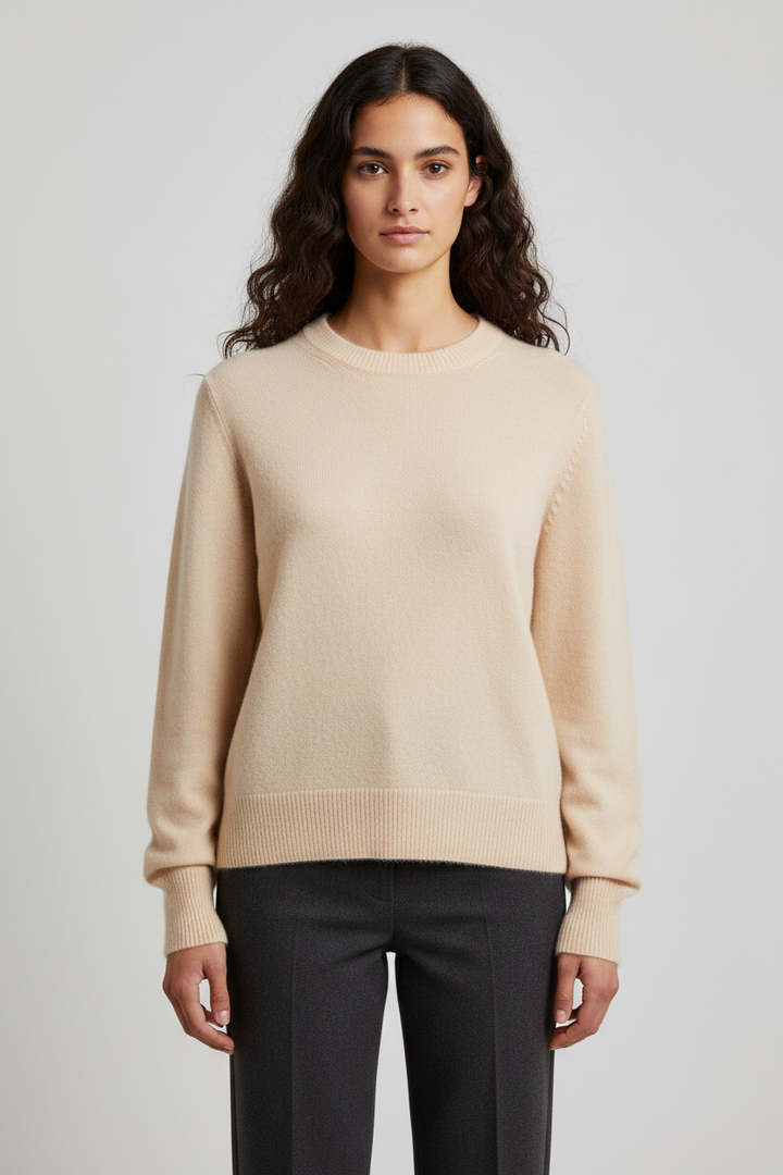 Ladies Fine Knitted Sweater with Round Neck and Ribbed Cuffs