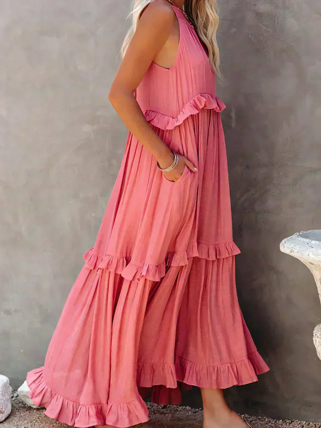 Delilah Elegant Halter Neck Ruffle Trim Dress - Elena Harper
