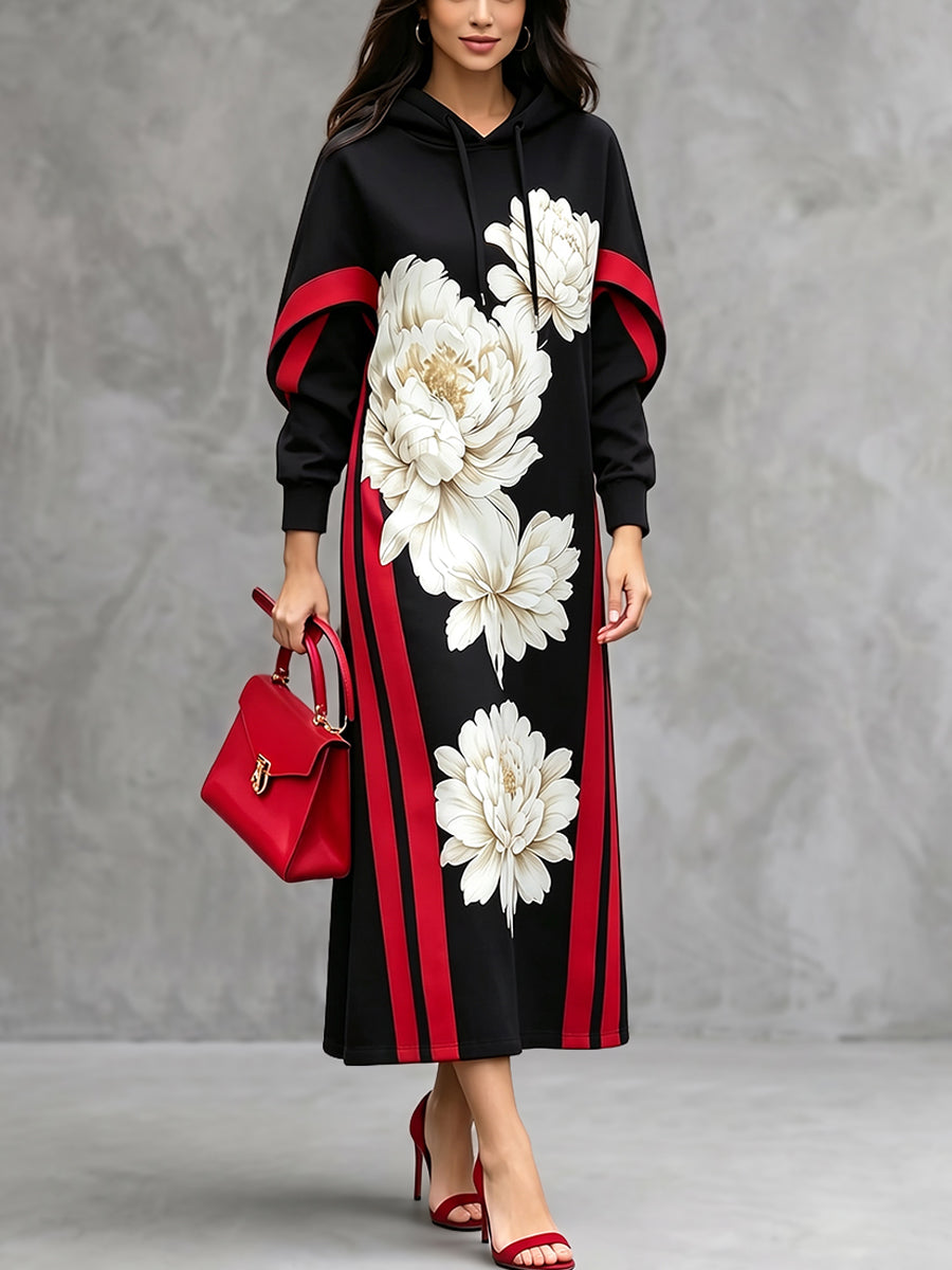 Women's Long Hooded Floral Print Dress