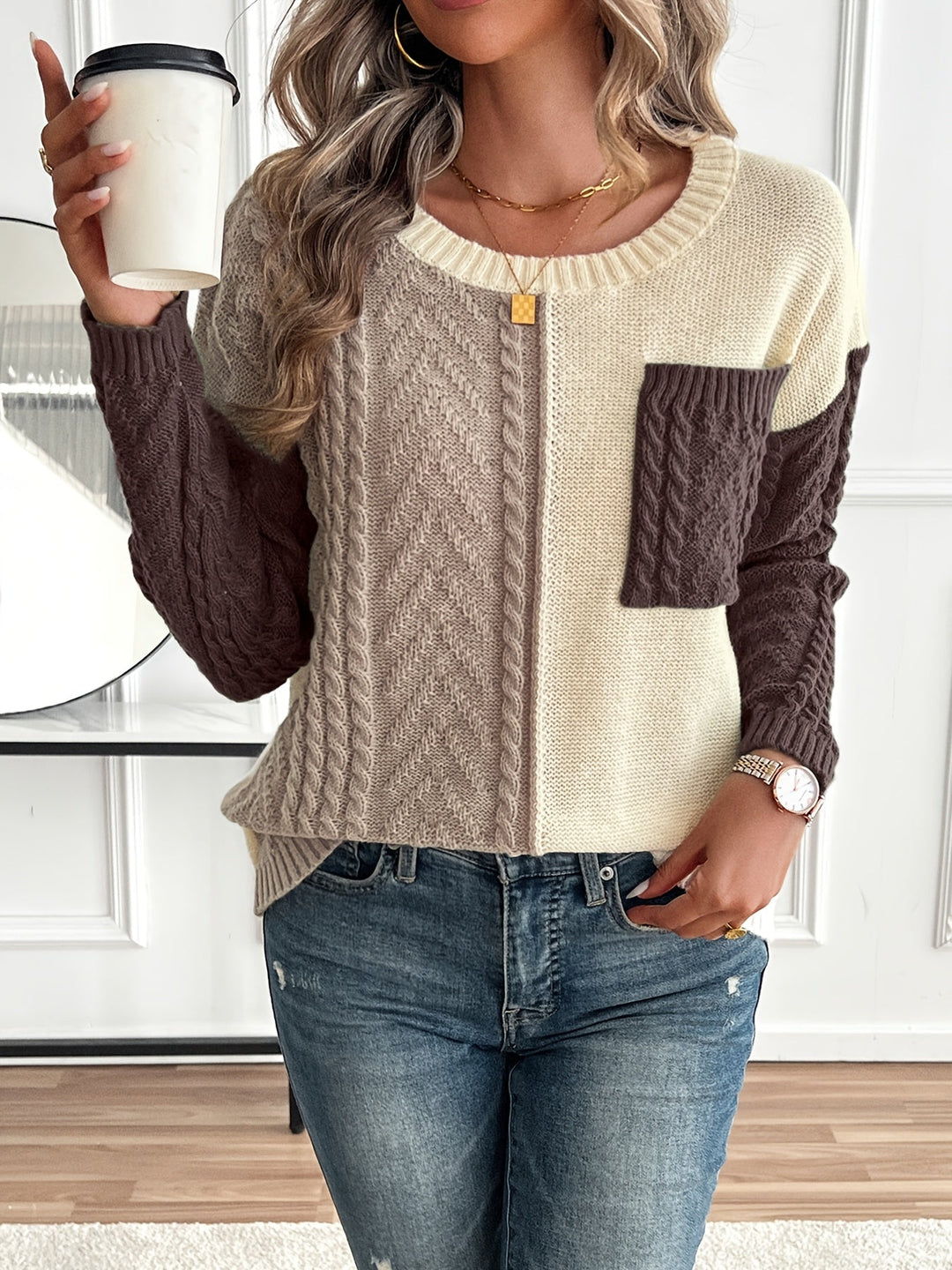 Chic and Comfortable Twisted Knit Patchwork Sweater for Women