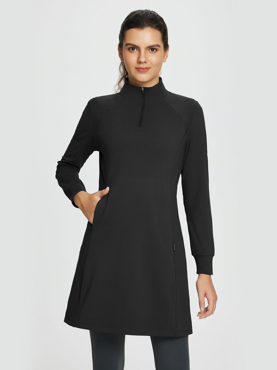Quarter-Zip Knit Sweater Dress with Pockets