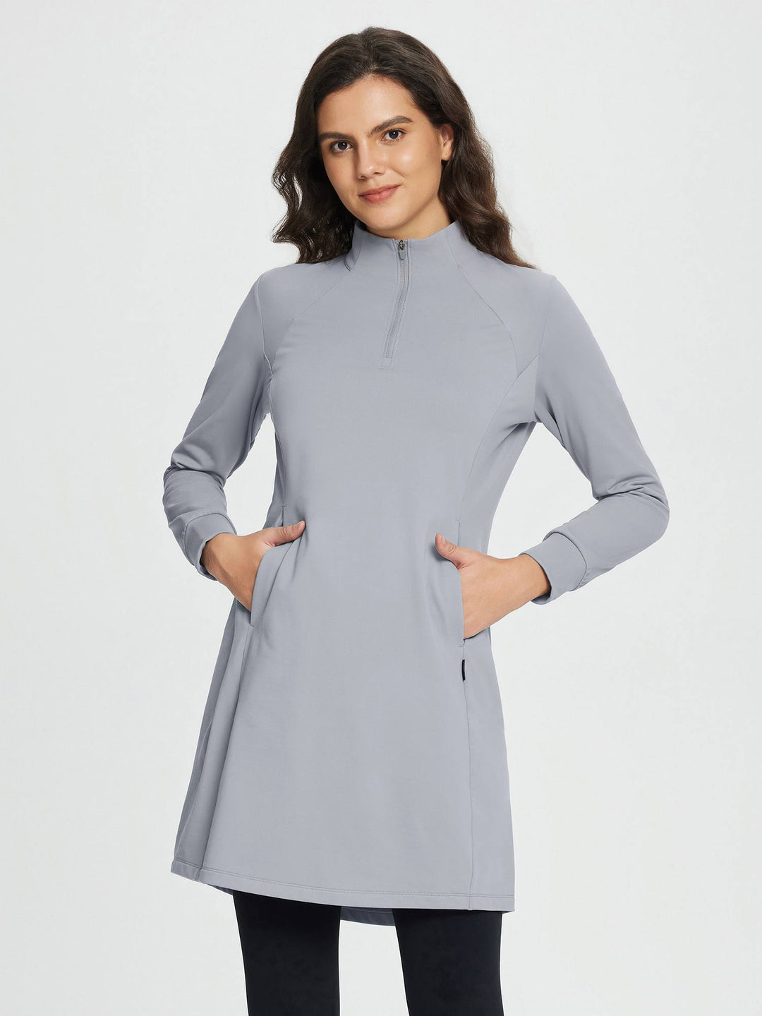 Quarter-Zip Knit Sweater Dress with Pockets