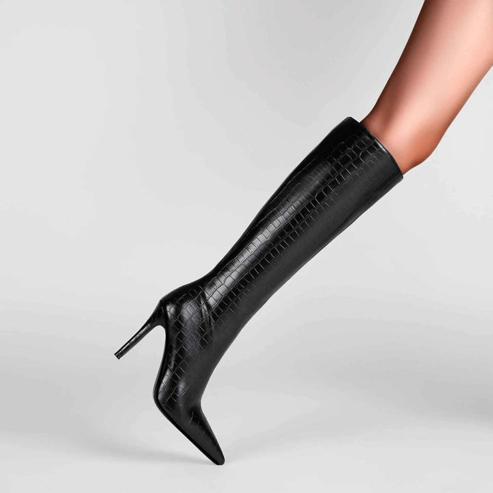 Ladies Knee-High Croco-Print Stiletto Pointed-Toe Boots