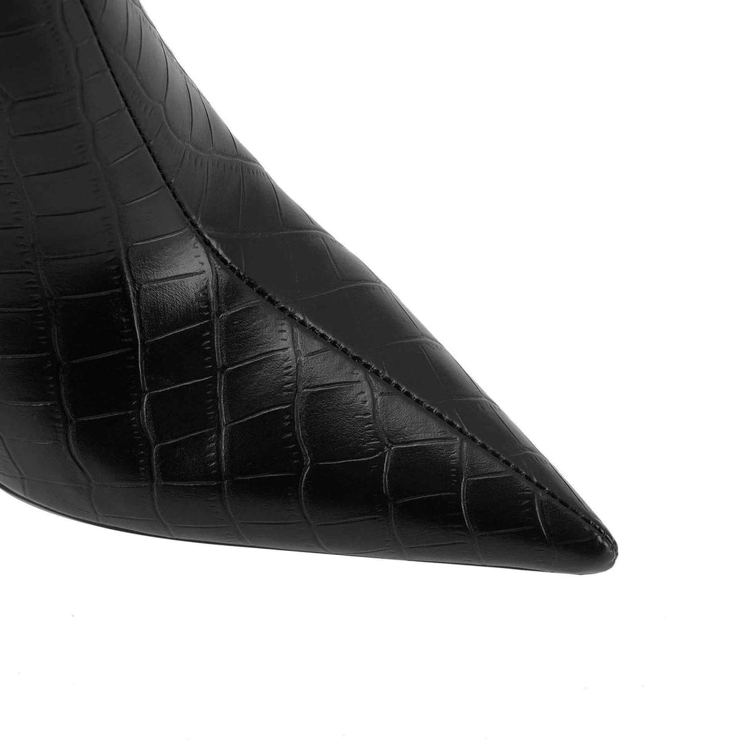 Ladies Knee-High Croco-Print Stiletto Pointed-Toe Boots