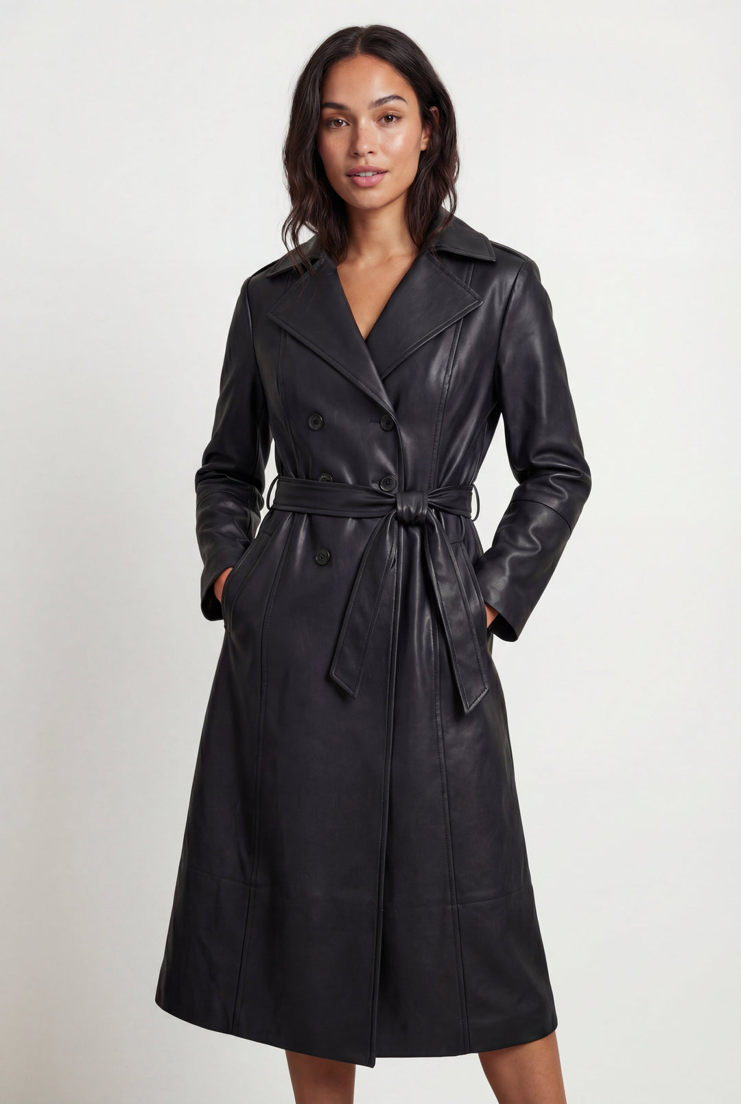 Ladies Trench Coat Black Double-Breasted with Belt