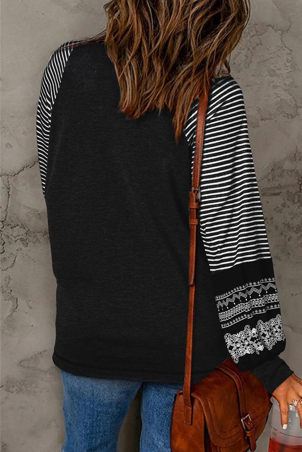 Black Contrast Print Striped Raglan Long Sleeve Loose Top