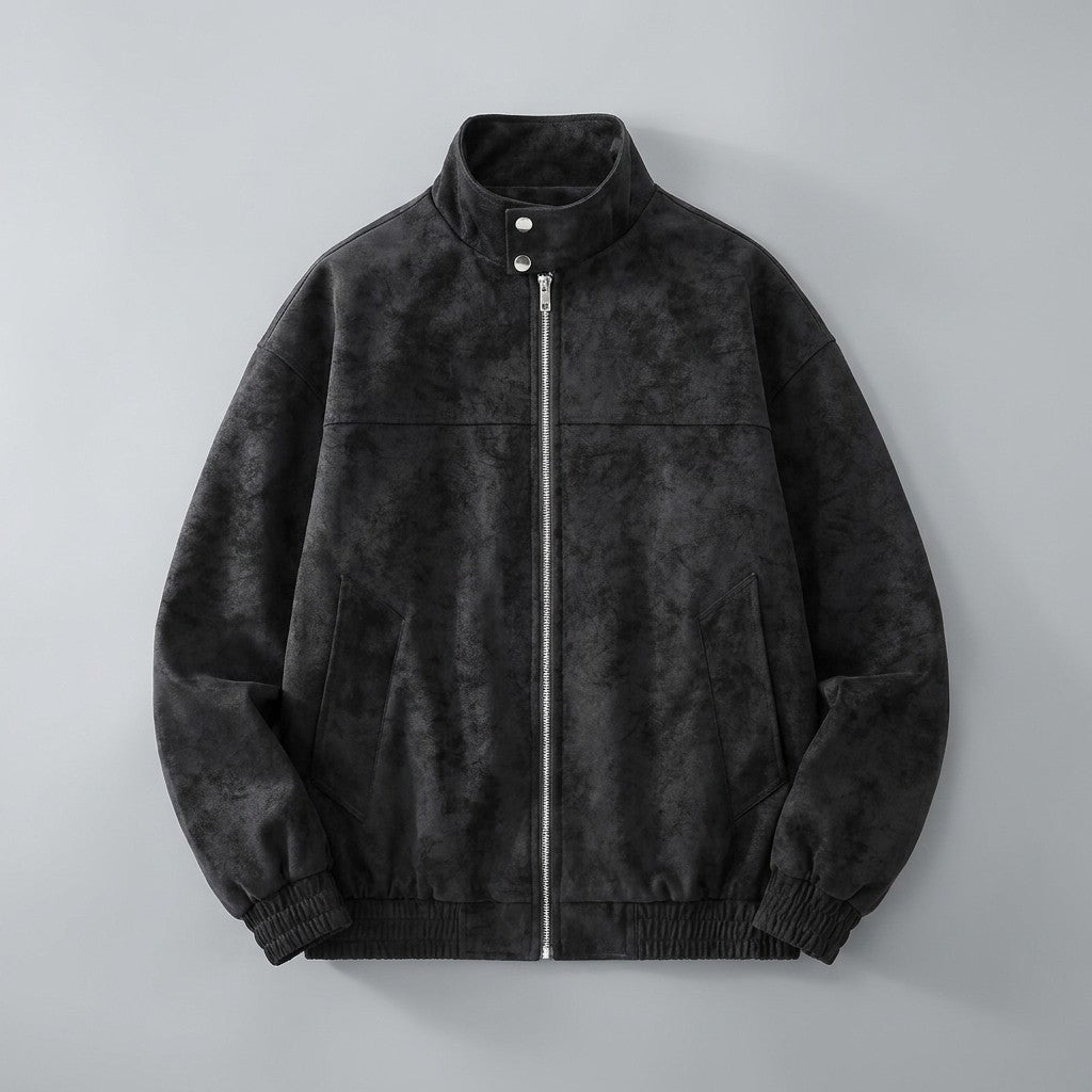 Women's Suede Jacket with Stand-Up Collar and Zipper