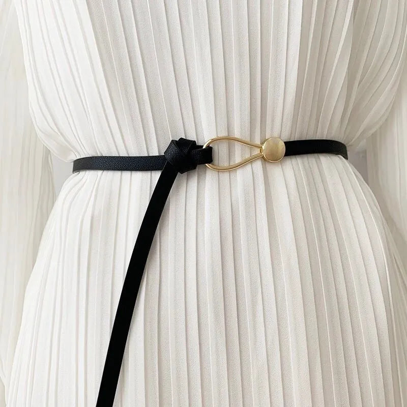Women's Knot Strap Belt with Gold Buckle for Dress Waist
