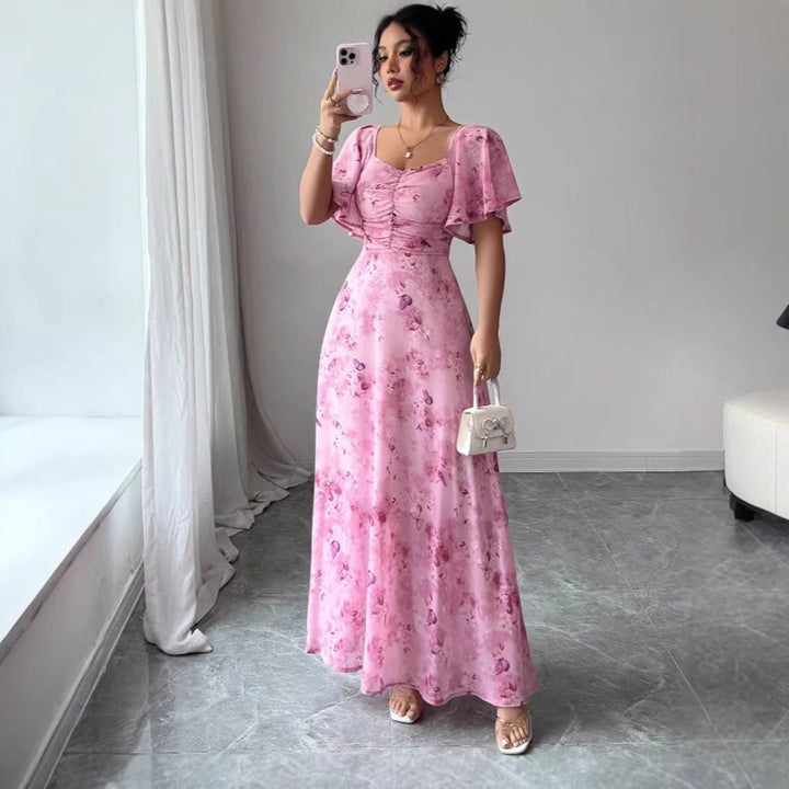 Flower Maxi Dress with Short Sleeves for Women