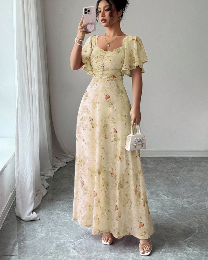 Flower Maxi Dress with Short Sleeves for Women