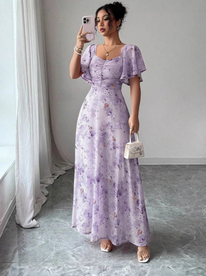 Flower Maxi Dress with Short Sleeves for Women