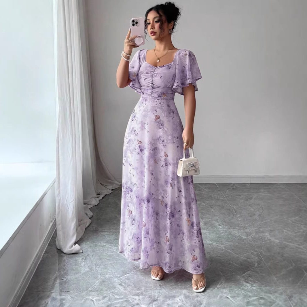 Flower Maxi Dress with Short Sleeves for Women