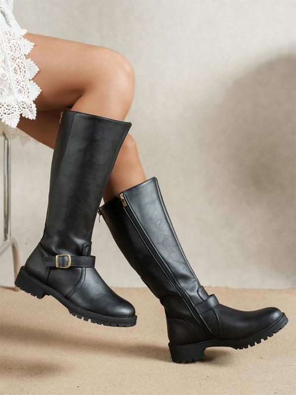 Block Heel Boots with Adjustable Buckle for Women