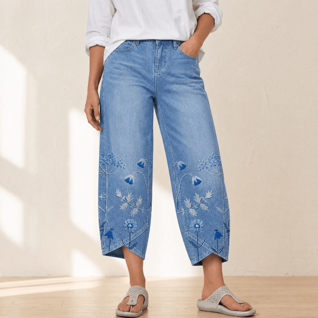 Bloomara Women's Embroidered Wide-Leg Jeans with Tulip Hem - Elena Harper