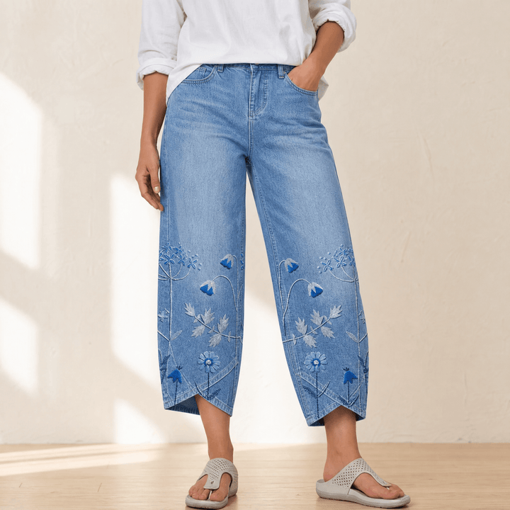 Bloomara Women's Embroidered Wide-Leg Jeans with Tulip Hem - Elena Harper