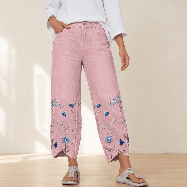 Bloomara Women's Embroidered Wide-Leg Jeans with Tulip Hem - Elena Harper