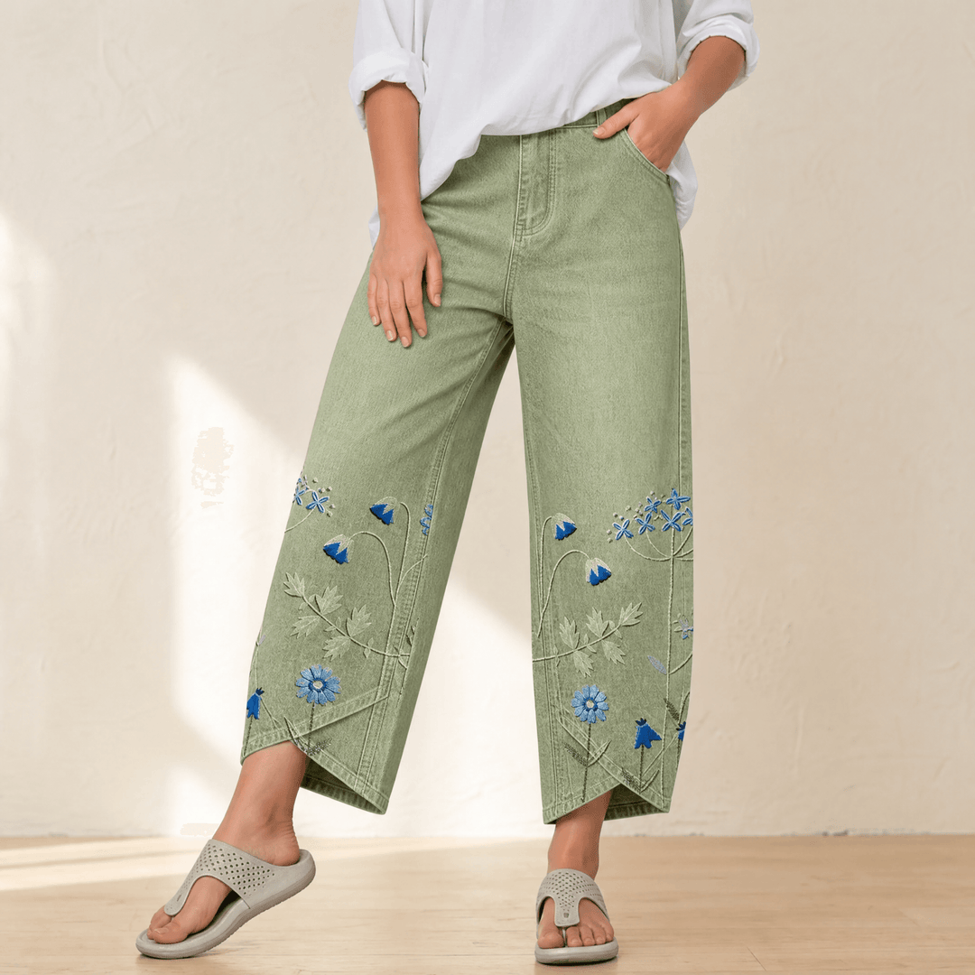 Bloomara Women's Embroidered Wide-Leg Jeans with Tulip Hem - Elena Harper