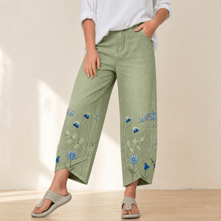 Bloomara Women's Embroidered Wide-Leg Jeans with Tulip Hem - Elena Harper
