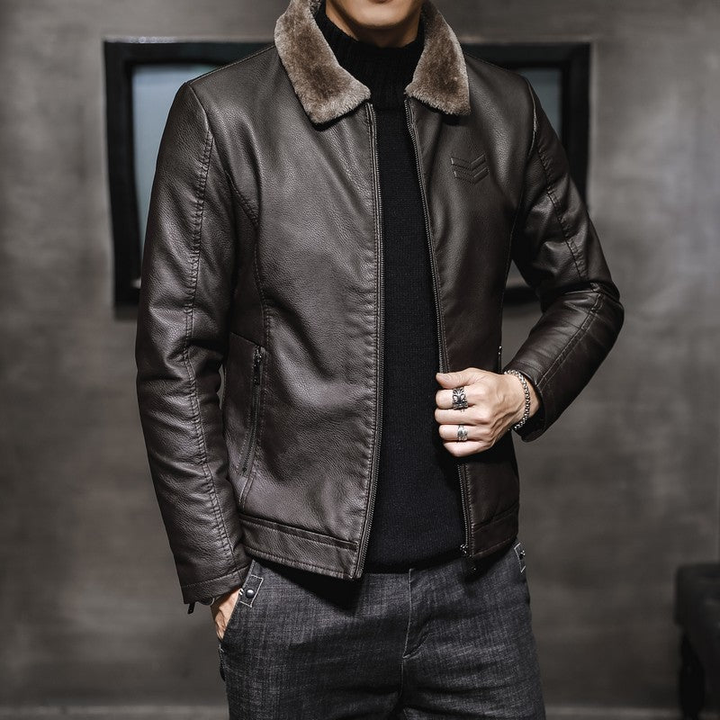 Men's Leather-Look Jacket with Synthetic Fur, Zip-Up