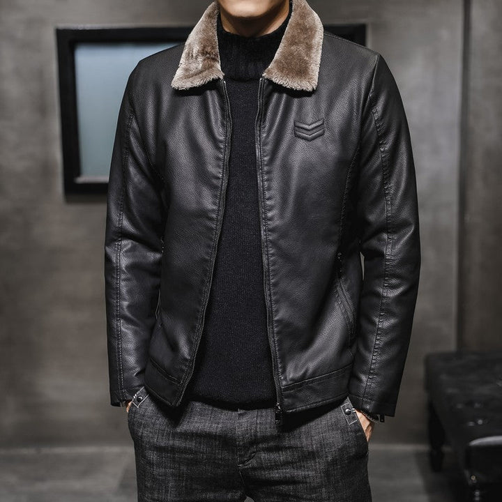 Men's Leather-Look Jacket with Synthetic Fur, Zip-Up