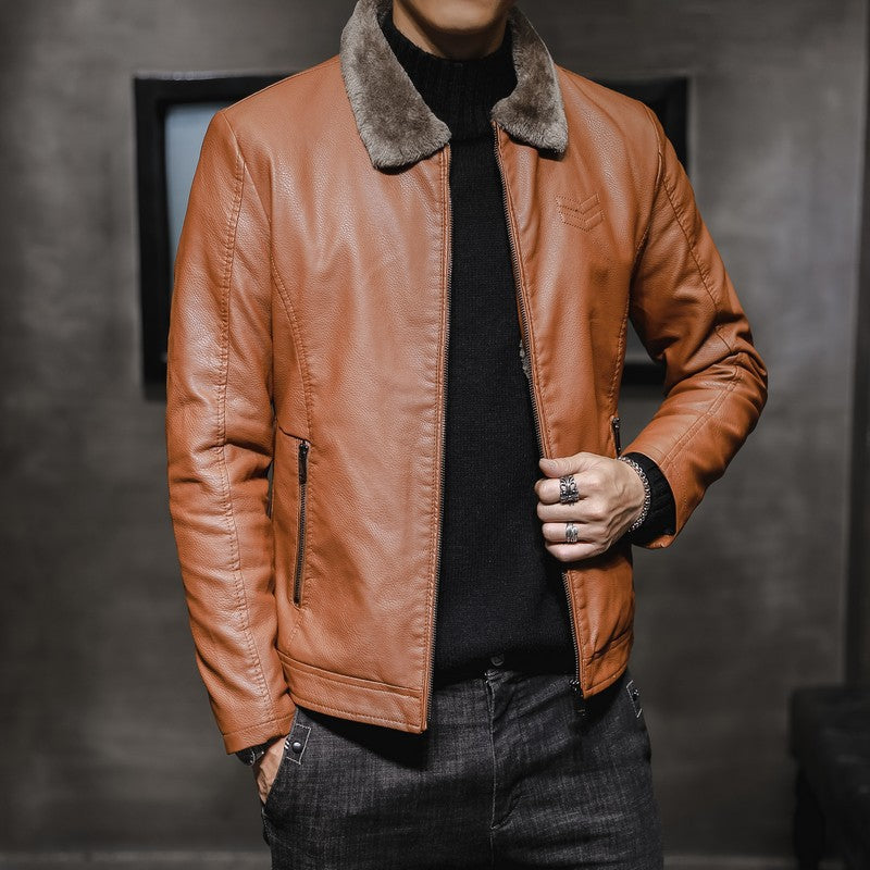 Men's Leather-Look Jacket with Synthetic Fur, Zip-Up
