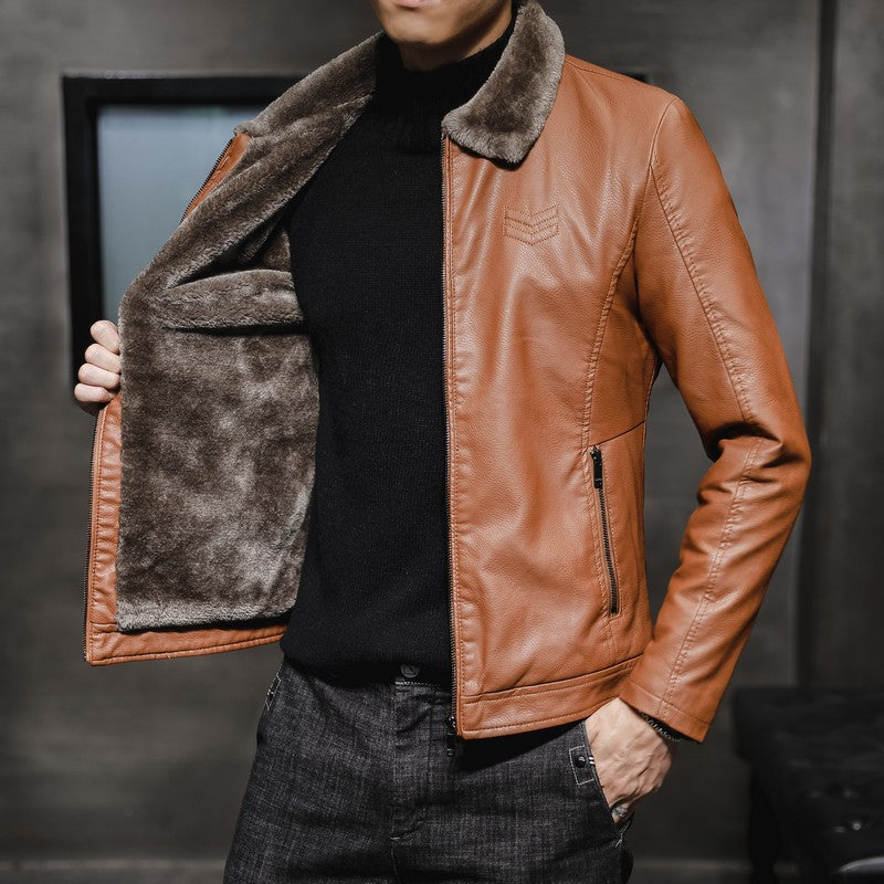 Men's Leather-Look Jacket with Synthetic Fur, Zip-Up