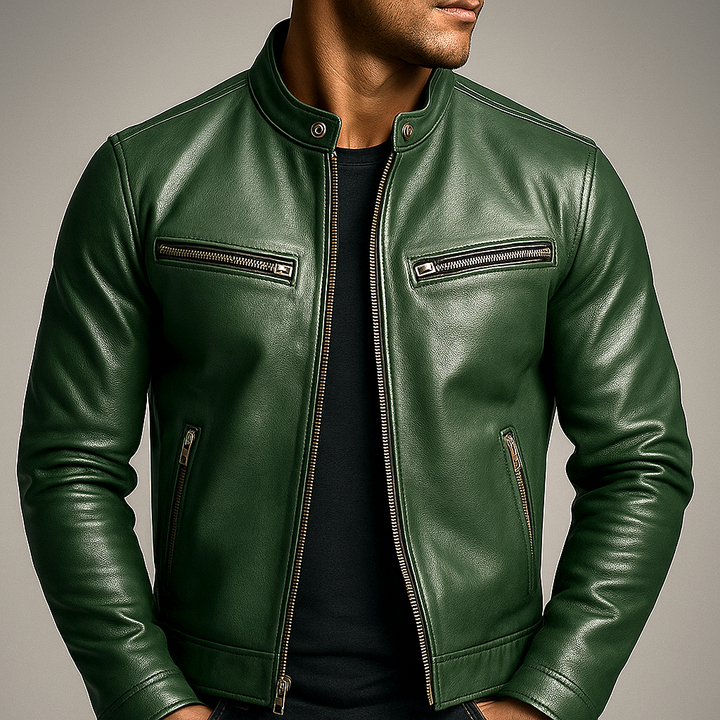 Men's Faux Leather Jacket with High Collar and Zipper