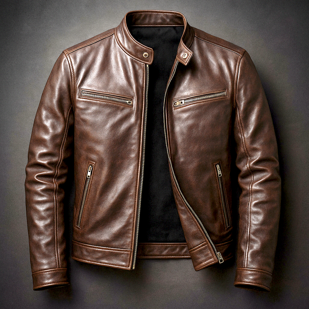 Men's Faux Leather Jacket with High Collar and Zipper