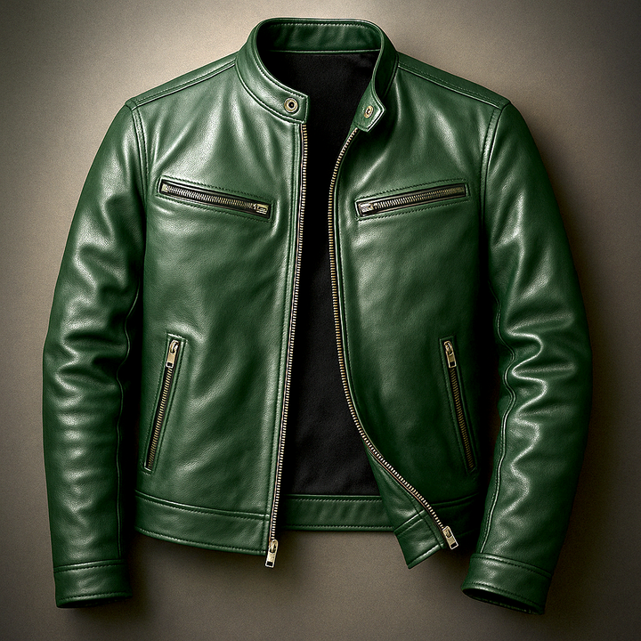 Men's Faux Leather Jacket with High Collar and Zipper
