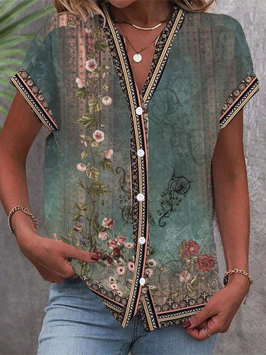 Astrid | Bohemian Blouse V-Neck Floral Print Light Short Sleeves