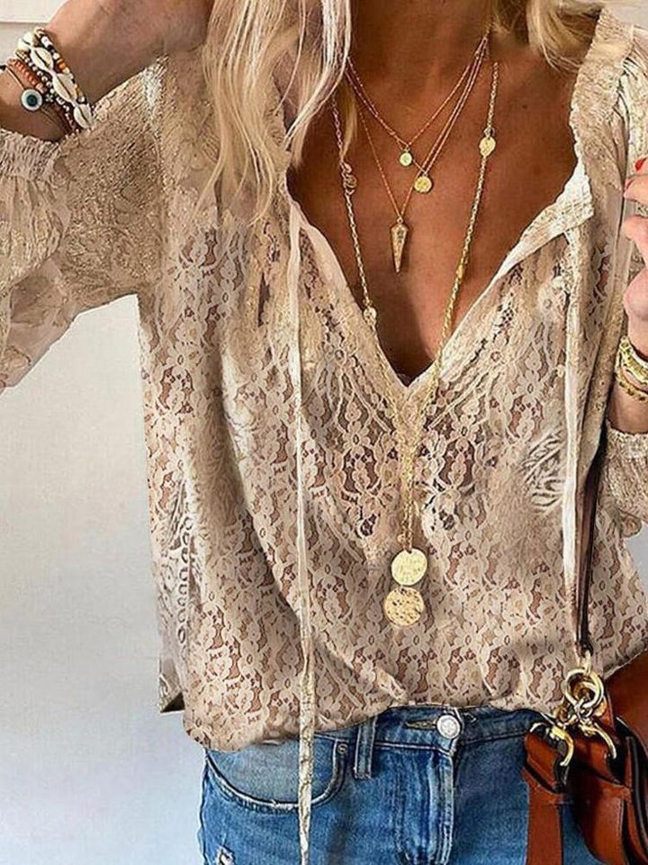 Glenda | Elegant Boho Lace V-Neck Blouse