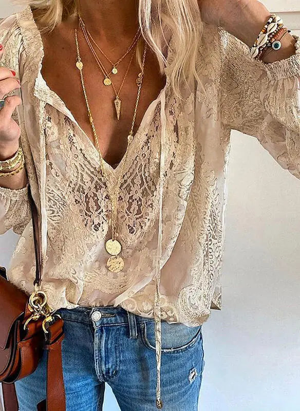 Glenda | Elegant Boho Lace V-Neck Blouse