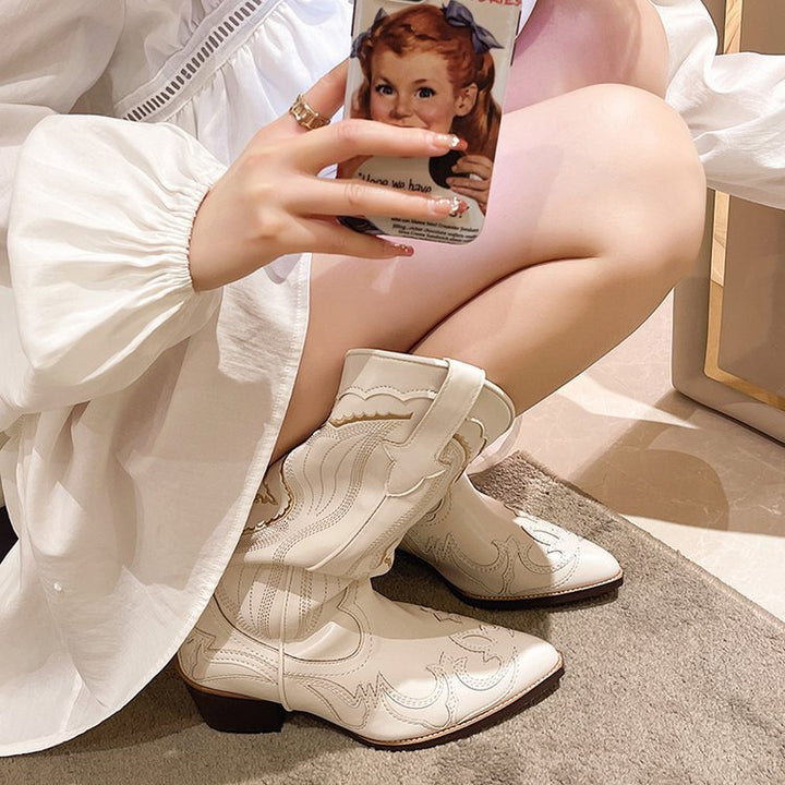 Women's High-Cut Cowboy Boots with Embroidery and Pointed Toe - Ingrid