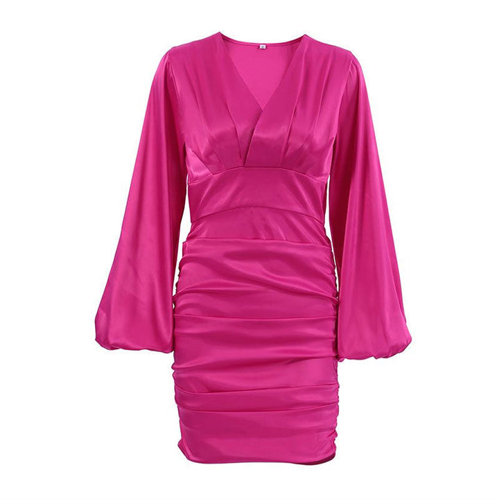 Adele - Mini evening dress with flared sleeves, ruched and V-neck